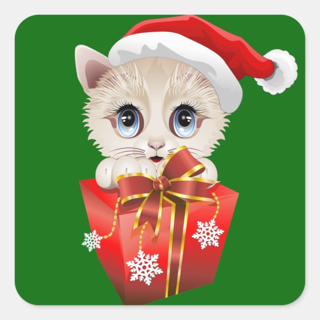 Sticker Carré Kitten Noël Père Noël avec cadeau (Devant)
