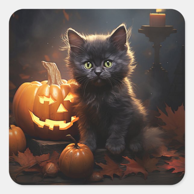 Sticker Carré Kitten noir et Jack-O-lanterne, feuilles d'automne (Devant)