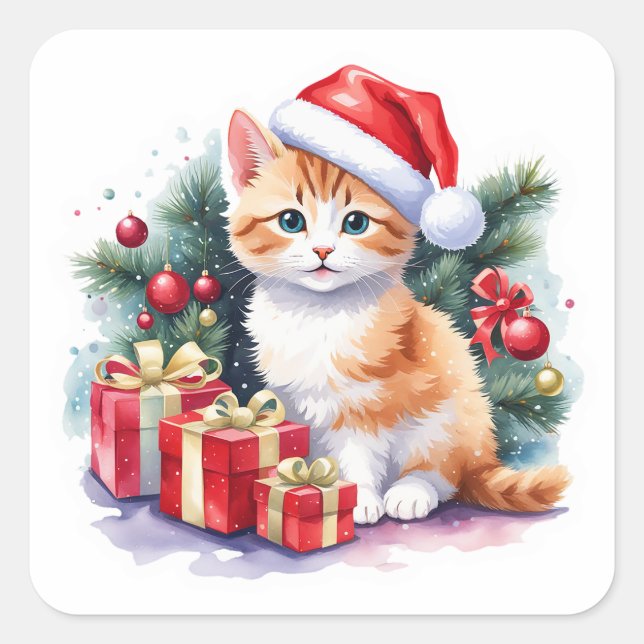 Sticker Carré Kitten Père Noël orange et blanc avec présentateur (Devant)