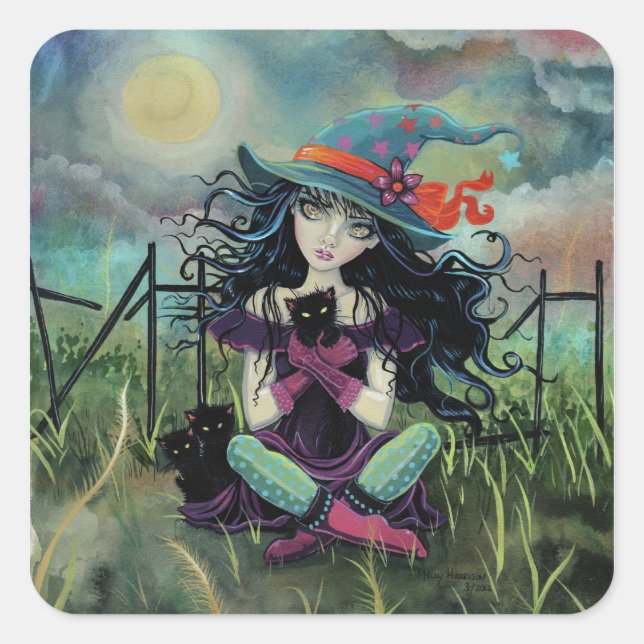 Sticker Carré Kitten Witch Art Imaginaire Par Molly Harrison (Devant)