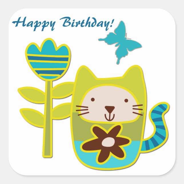 Sticker Carré Kitty Chat Anniversaire (Devant)