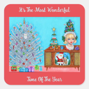 Sticker Carré Kitty's First Christmas Tree Head Vase Santa Claus