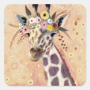 Sticker Carré Klimt Giraffe   Orné De Fleurs