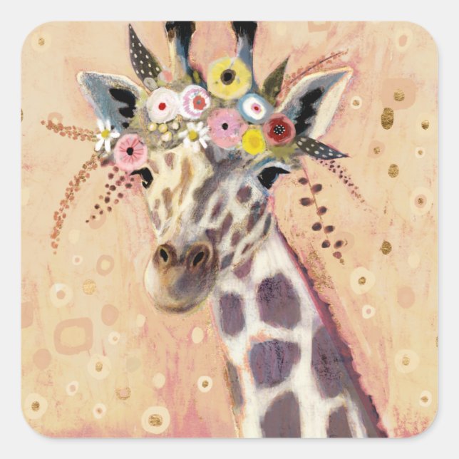 Sticker Carré Klimt Giraffe | Orné De Fleurs (Devant)