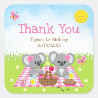 Sticker Carré Koala Bears Pique-nique Anniversaire Rose En vichy