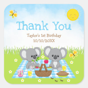Sticker Carré Koalas Picnic Anniversaire Cadeau Bleu Vichy Merci