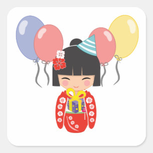 Sticker Carré Kokeshi Doll fête d'anniversaire