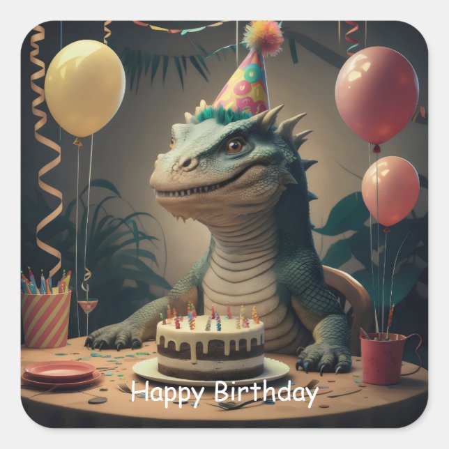 Sticker Carré Komodo Dragon assis à table avec un gâteau d'anniv (Devant)