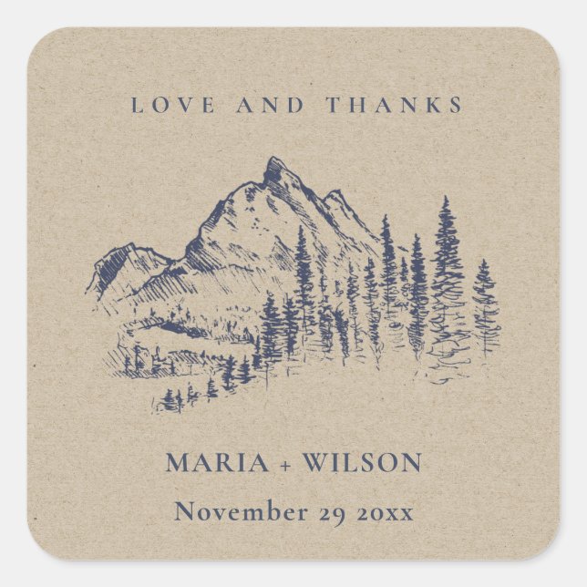 Sticker Carré Kraft Navy Pine Woods Mountain Sketch Mariage (Devant)