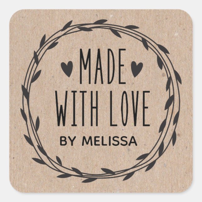 Sticker Carré Kraft Personnalisé Fait Avec Amour (Devant)