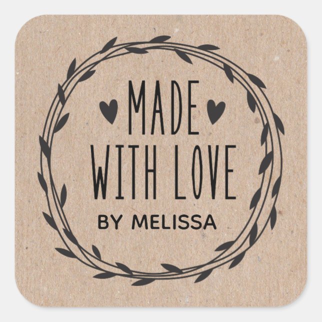 Sticker Carré Kraft Personnalisé Fait Avec Amour (Devant)