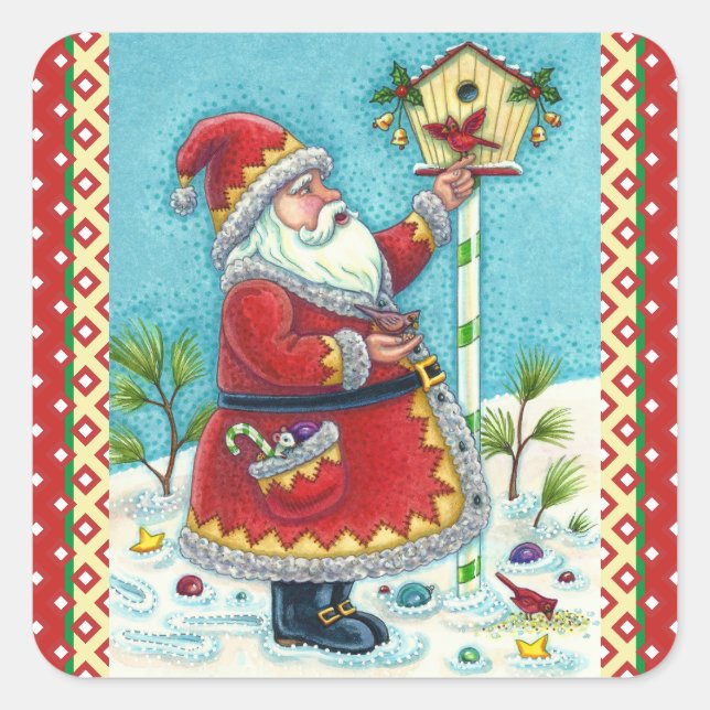 STICKER CARRÉ KRIS KRINGLE ALIMENTER LES OISEAUX REDBIRÉS, NOËL  (Devant)