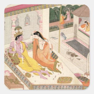 Sticker Carré Krishna et Radha sur un lit dans un palais mogul, 