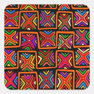 Sticker Carré Kuna Indian Mola Tribal Checks - Rouge