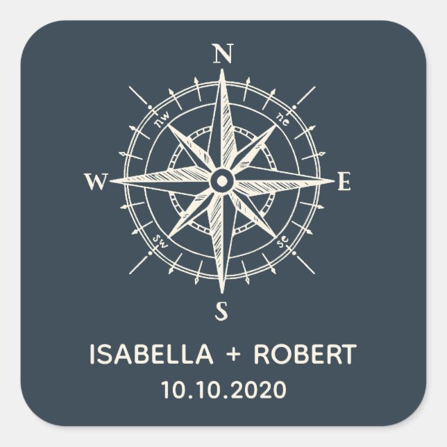 Sticker Carré La boussole bleue | Monogramme Mariage (Devant)