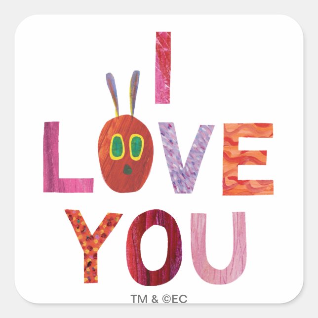 Sticker Carré La Caterpillar Très Affamée | Je t'aime (Devant)