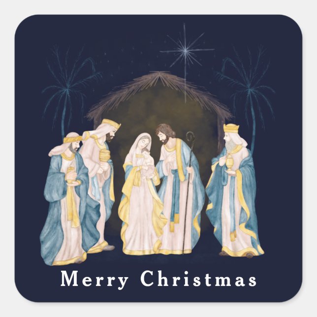 Sticker Carré La crèche de Noël sur le ciel bleu de nuit (Devant)