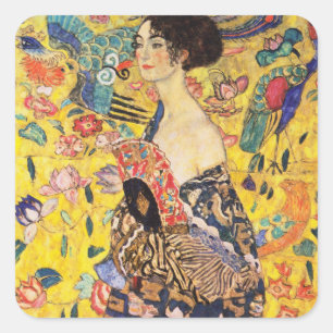 Sticker Carré La Dame de Gustav Klimt avec un fan