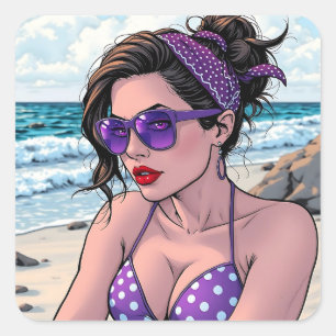 Sticker Carré La dame de plage à Shades, Bikini et Bandana