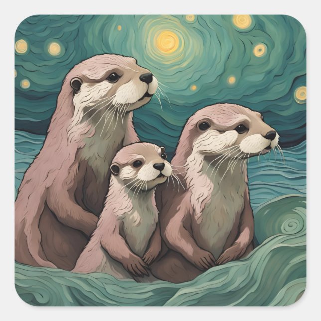 Sticker Carré La famille Otter dans un océan étoilé (Devant)