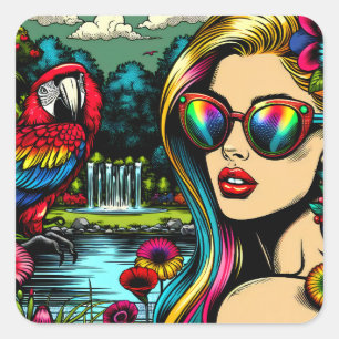 Sticker Carré La femme rétro et le perroquet dans le Park Pop Ar