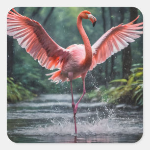 Sticker Carré La grâce en vol : Le Flamant rose rose