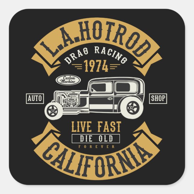 Sticker Carré LA Hotrod California Drag Racing 1974 (Devant)