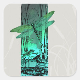 Sticker Carré La libellule verte et la grenouille dans l'étang