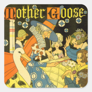 Sticker Carré La mère l'Oie vintage lisant des livres aux enfant