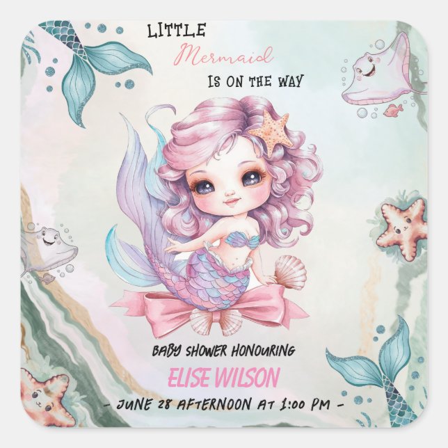 Sticker Carré La petite sirène est sur le chemin baby shower2 (Devant)