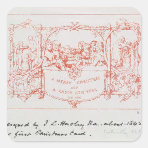Sticker Carré La première carte de Noël, par J.C.Horsley, 1843