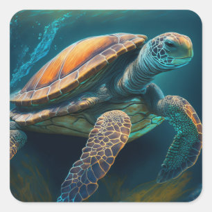 Sticker Carré La tortue de mer La baignade dans l'océan