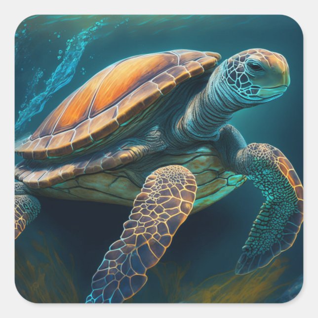 Sticker Carré La tortue de mer La baignade dans l'océan (Devant)