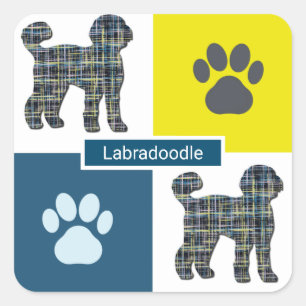 Sticker Carré Labradoodle Chien Silhouette & Paw Y&B Grid