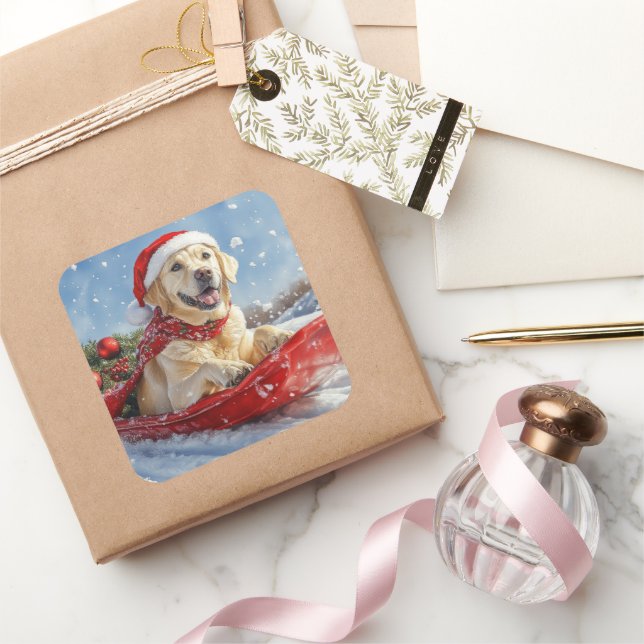 Sticker Carré Labrador Dog in Sledge Let it Snow Christmas (Cadeaux)