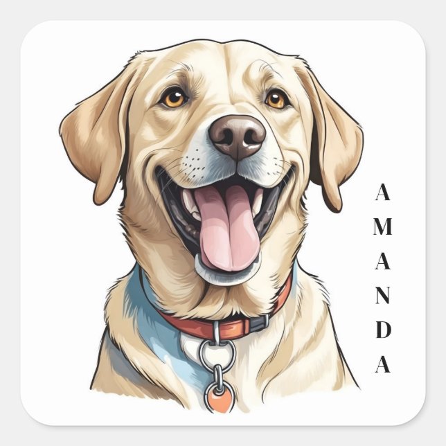Sticker Carré Labrador jaune souriant avec collier orange (Devant)