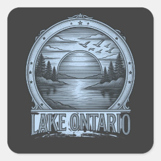 Sticker Carré Lac Ontario Style Gravure | Bleu et nuances de gri