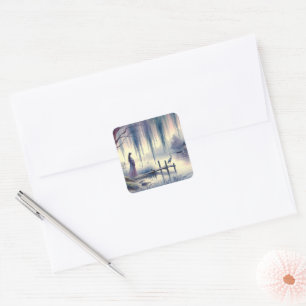 Sticker Carré Lac Serene Imaginaire avec saule et héron