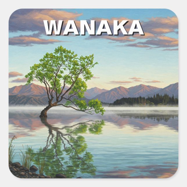 Sticker Carré Lac Wanaka Tree Nouvelle-Zélande Voyages (Devant)