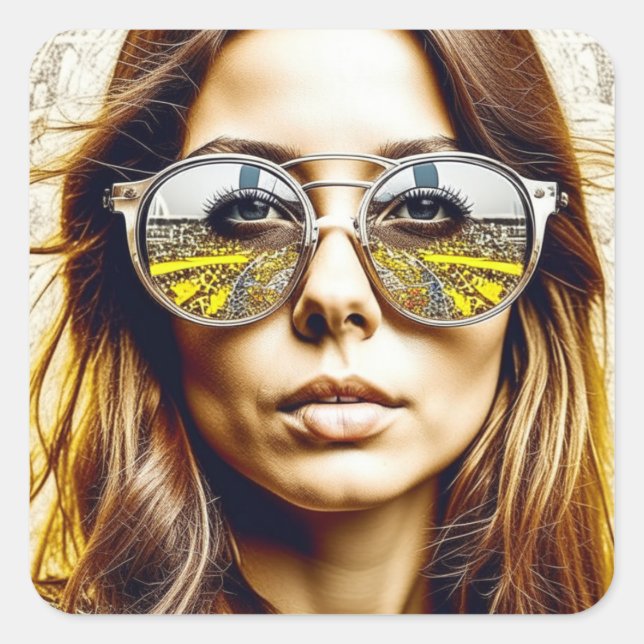 Sticker Carré Lady avec réflexion dans ses lunettes de soleil Ai (Devant)