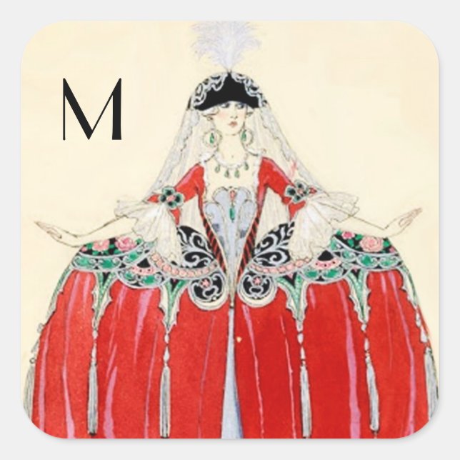 STICKER CARRÉ LADY EN ROUGE, MODE DE BEAUTÉ COSTUME CONCEPTION M (Devant)