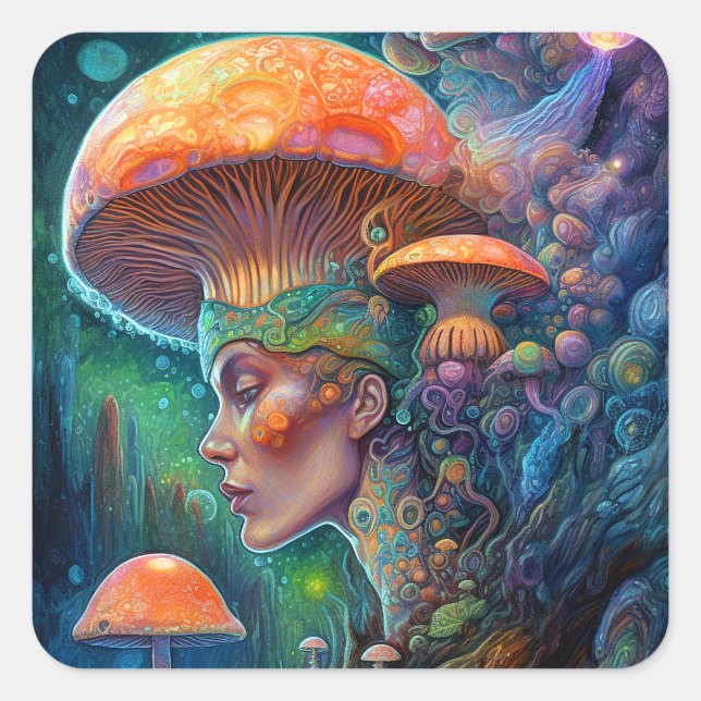 Sticker Carré Lady Et Champignons Surreal Imaginaire Art (Devant)