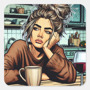Sticker Carré Lady fatiguée avec Café et Vin Pop Art