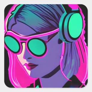 Sticker Carré Lady in Headphones Jaming to Music