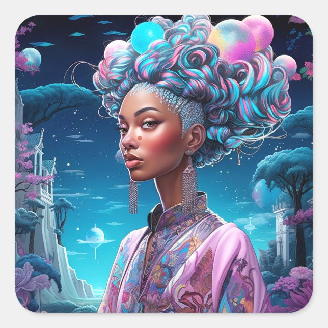 Sticker Carré Lady In Surreal World African American Art Purple (Devant)
