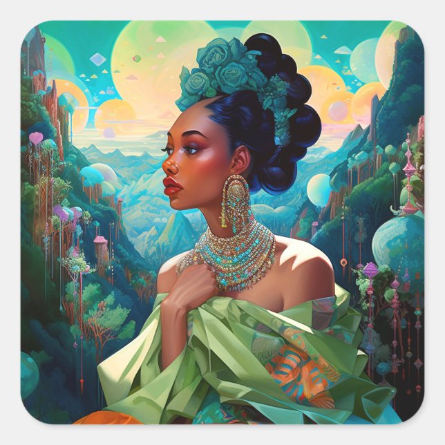 Sticker Carré Lady In Surreal World Art Africain Américain (Devant)