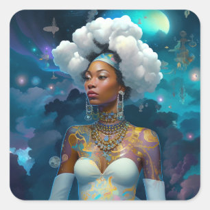Sticker Carré Lady In Surreal World Art Cosmique Africain-Améric