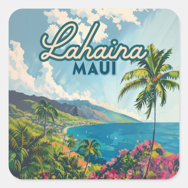 Sticker Carré Lahaina Maui Hawaii Beach Coast Retro (Devant)
