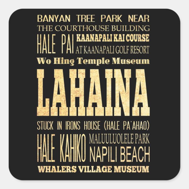Sticker Carré Lahaina Ville d'Hawaii Typographie Art (Devant)