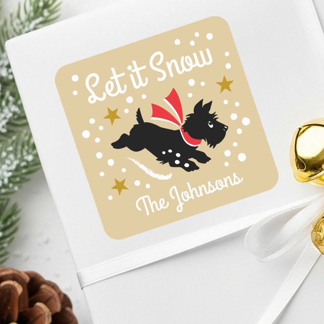 Sticker Carré Laisser la neige mignonne Scottie Chien Noël Nom O (Créateur téléchargé)